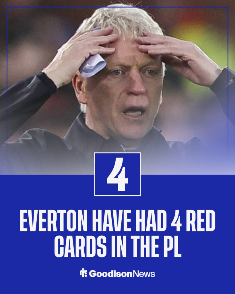 David Moyes looking shocked behind a graphic of the number of Everton red cards this season