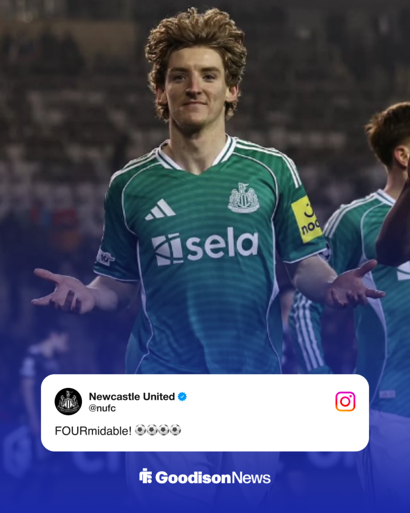 Newcastle United Instagram post marking Anthony Gordon's four goals vs Qarabag in the Champions League