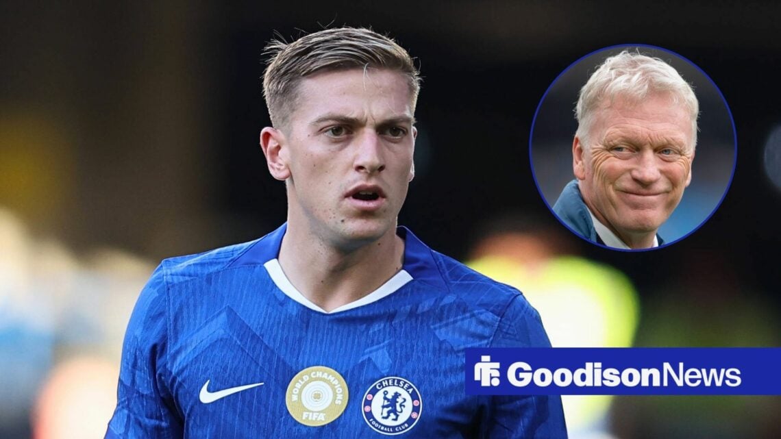 Liam Delap of Chelsea during the Chelsea vs Bayer Leverkusen Pre Season Friendly match at Stamford Bridge, London and in circular inset Everton man...