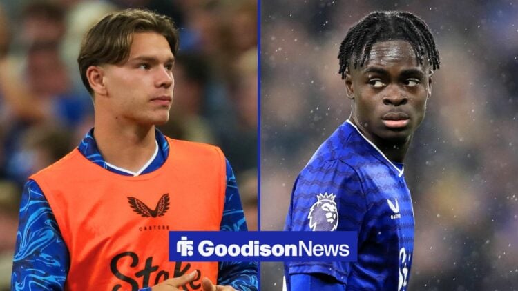 Split image of Tyler Dibling and Tyrique George on 10th February 2026 Hill Dickinson Stadium, Liverpool, England Premier League Football, Everton v...