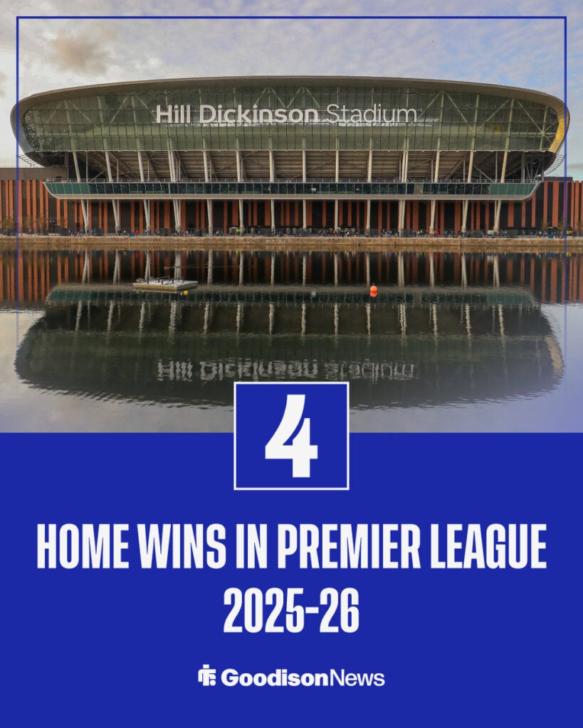 Everton home ground Hill Dickinson Stadium with stat of Premier League home wins in 2025-26 season