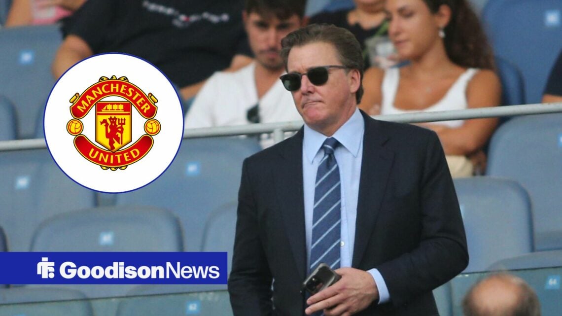 Everton owner Dan Friedkin with sunglasses on, Manchester United badge in inset.