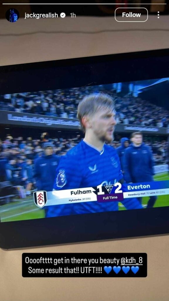Jack Grealish's Instagram story with Kiernan Dewsbury-Hall after win vs Fulham