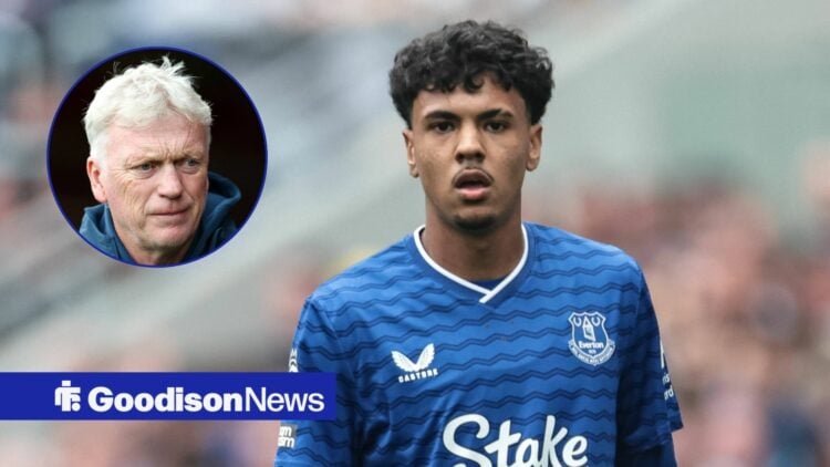 Adam Aznou in action for Everton, with David Moyes in a circular frame inset