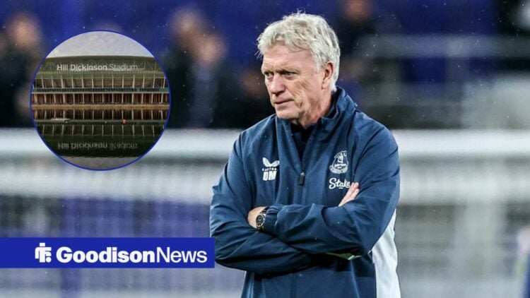 David Moyes with his arms folded, looking towards Hill Dickinson Stadium