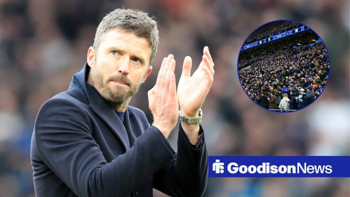 Michael Carrick applauds, with fans inside Hill Dickinson Stadium in a circular frame inset