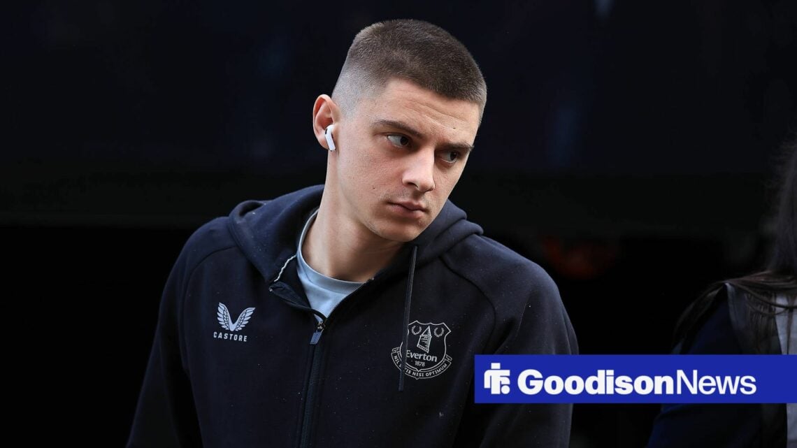 Everton star Vitalii Mykolenko looking miserable.