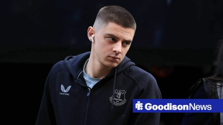 Everton star Vitalii Mykolenko looking miserable.