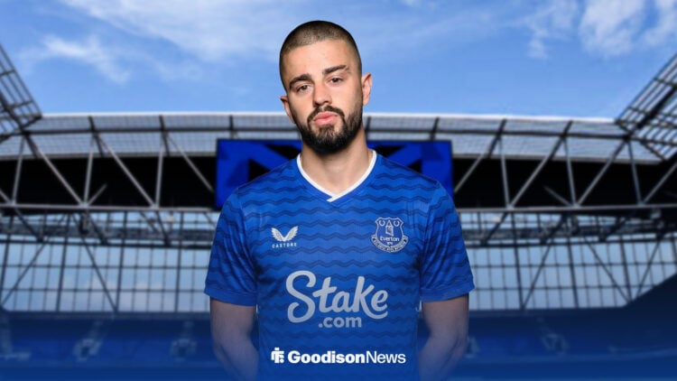 Edon Zhegrova in an Everton kit in front of Hill Dickinson Stadium