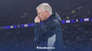 Everotn manager David Moyes looking frustrated with Hill Dickinson Stadium background