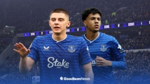 Everton players, Mykolenko and Adam Aznou both in front of the Hill Dickinson Stadium.