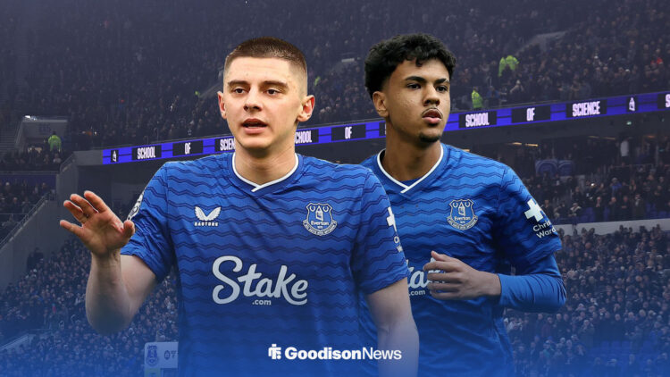 Everton players, Mykolenko and Adam Aznou both in front of the Hill Dickinson Stadium.