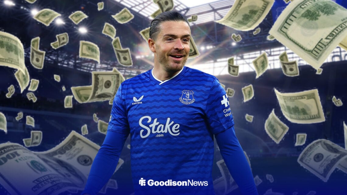 Jack Grrealish smiling with the Hill Dickinson Stadium in the background. Cash notes flying around.