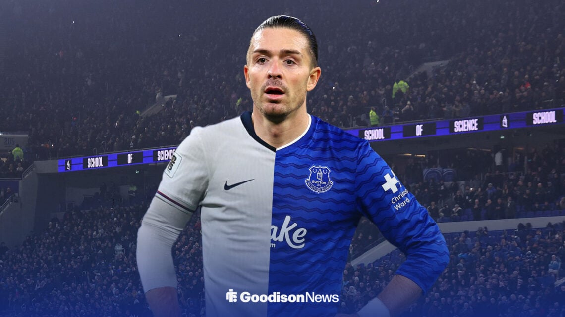 Jack Grealish looking upset in half England half Everton shirt