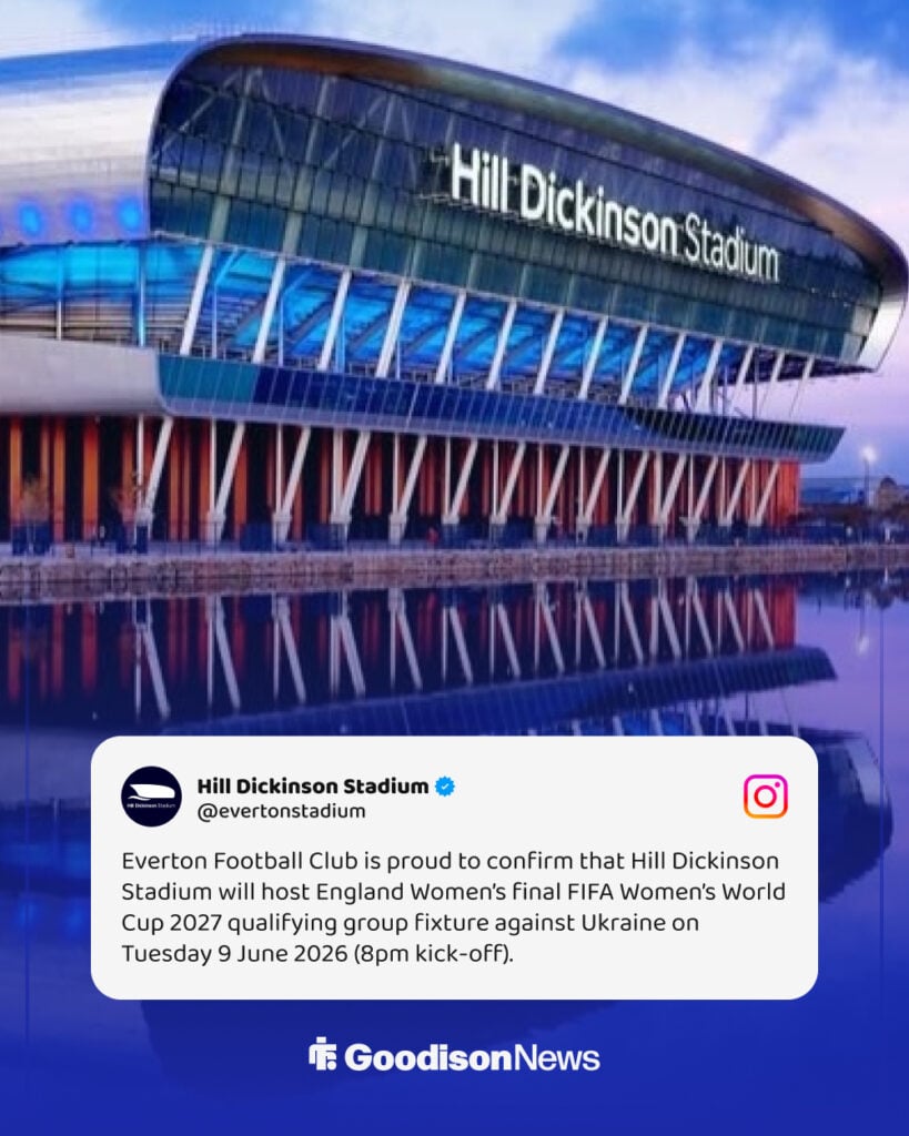 Hill Dickinson Stadium Instagram post on hosting England women vs Ukraine in FIFA Women's World Cup 2027 qualifier