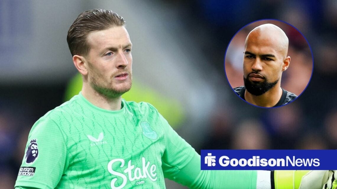 Jordan Pickford gestures to a team-mate during an Everton match, alongside a circular inset of dejected Chelsea goalkeeper Robert Sanchez (top left)