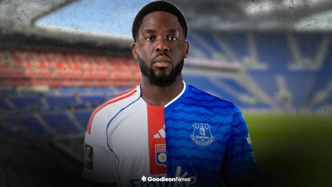 Orel Mangala in a half and half Lyon and Everton shirt