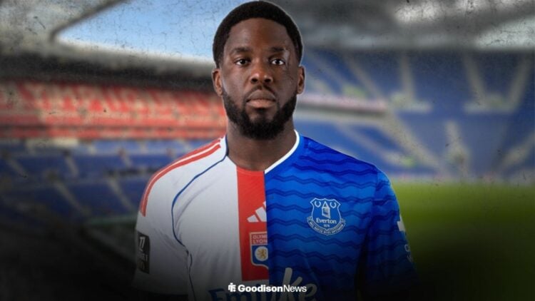 Orel Mangala in a half and half Lyon and Everton shirt