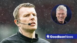 Referee Sam Barrott is pictured officating a match in the rain, alongside a circular inset of a smiling David Moyes (top right)