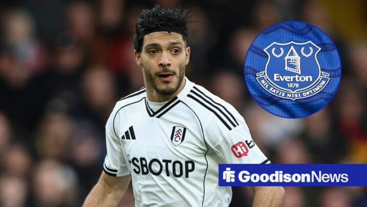 Raul Jimenez for Fulham with Everton badge in circular inset