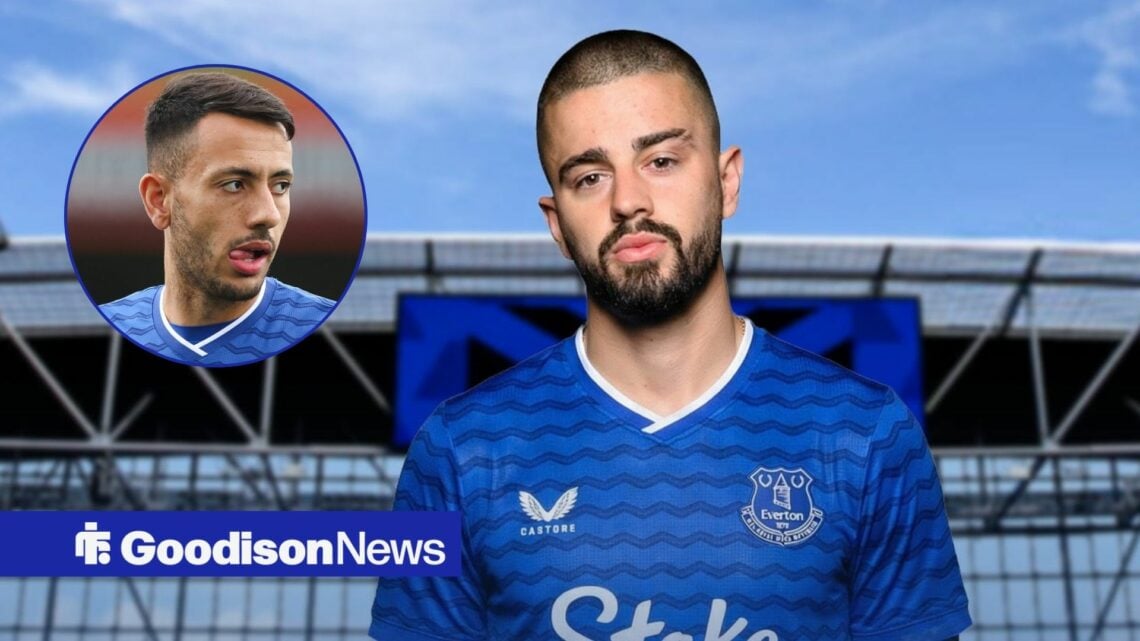Edon Zhegrova in an Everton shirt in front of Hill Dickinson Stadium while Dwight McNeil looks at him.