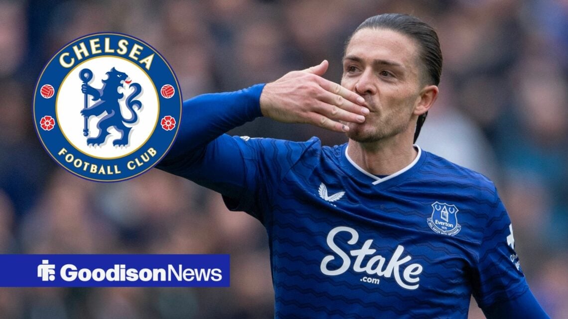 Jack Grealish blows a kiss with circular inset of Chelsea badge