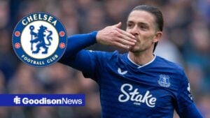 Jack Grealish blows a kiss with circular inset of Chelsea badge