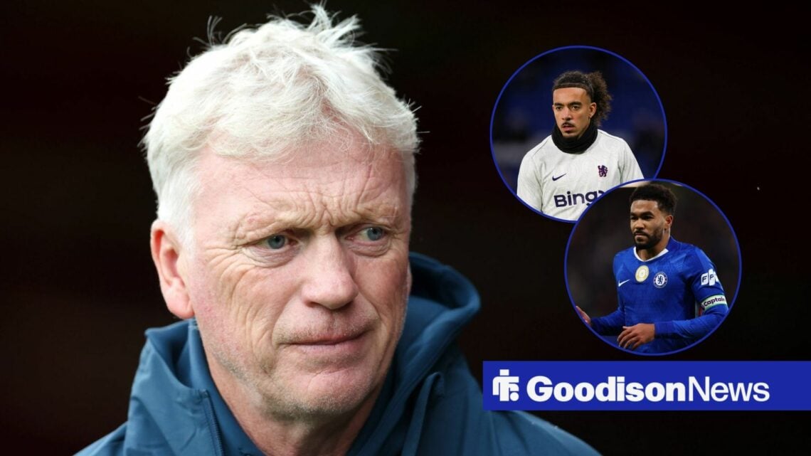 David Moyes looking ahead with circular insets of Reece James and Malo Gusto