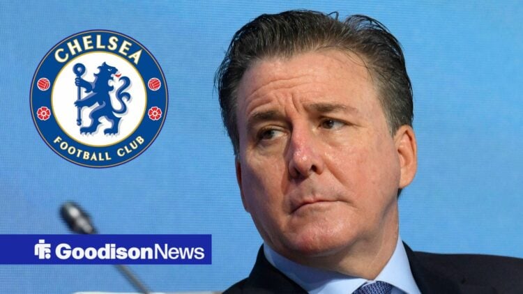 Dan Friedkin looks on with circular inset of Chelsea badge