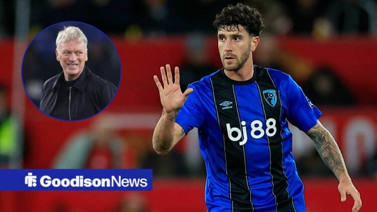 Marco Senesi playing for Bournemouth with David Moyes smiling in frame