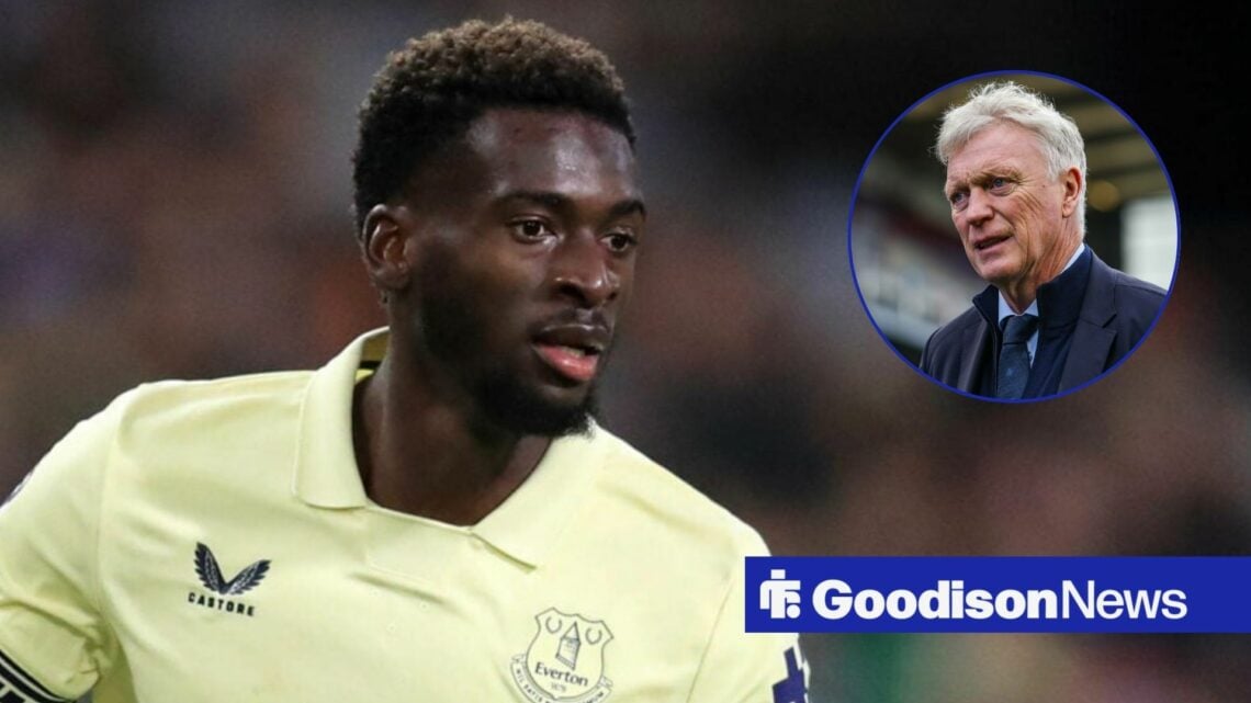 Tim Iroegbunam alongside a circle inset of David Moyes.