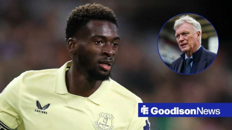 Tim Iroegbunam alongside a circle inset of David Moyes.