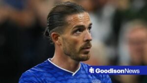 Jack Grealish looking worried playing for Everton