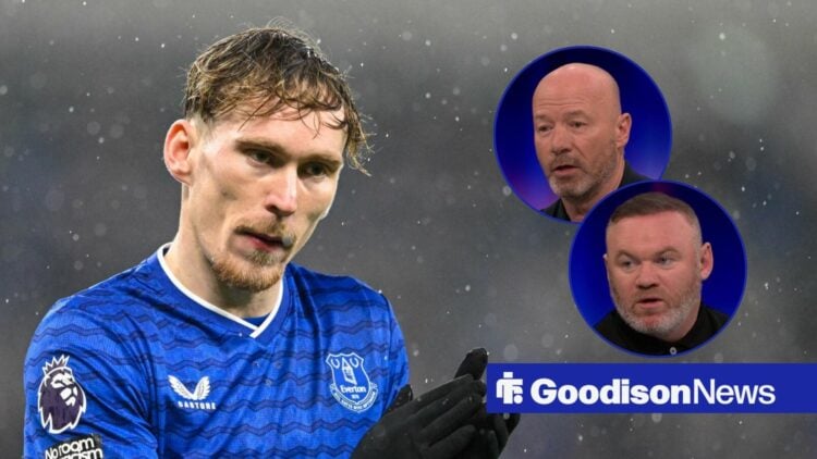 Everton star James Garner looking in the direction of Match of the Day panellists Wayne Rooney and Alan Shearer.