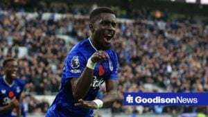 Idrissa Gueye celebrating at Hill Dickinson Stadium.