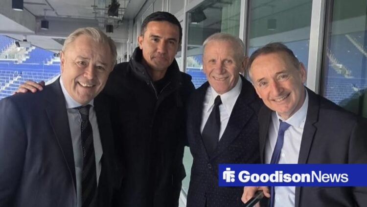 Tim Cahill posing with Adrian Heath, Peter Reid and Patrick Nevin at Everton's Hill Dickinson Stadium