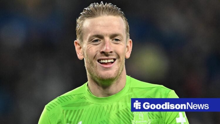 Jordan Pickford smiling as he plays for Everton