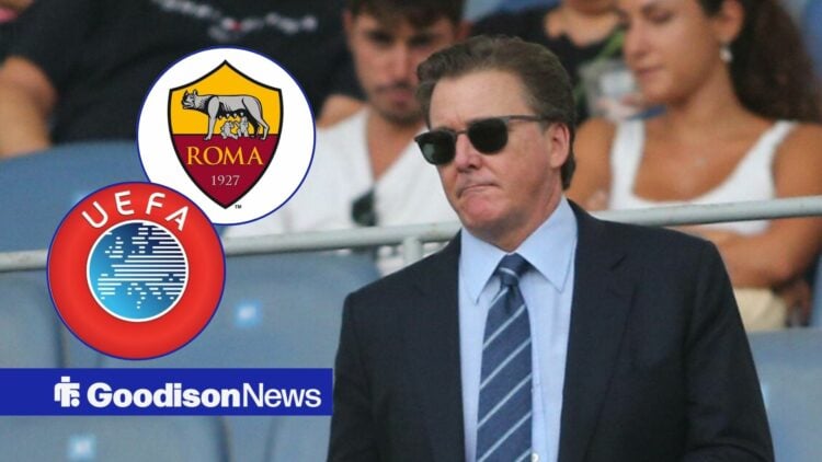 Everton owner Dan Friedkin looking in the direction of the Roma and UEFA badge.