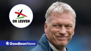 Everton manager David Moyes before the Premier League match between Manchester City and Everton at Etihad Stadium on October 18, 2025 and OH Leuven badge in circular inset