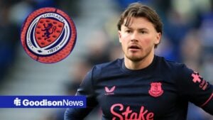 10th January 2026 Hill Dickinson Stadium, Liverpool, England FA Cup Football, Everton versus Sunderland Nathan Patterson of Everton with Scotland national team crest in circular inset