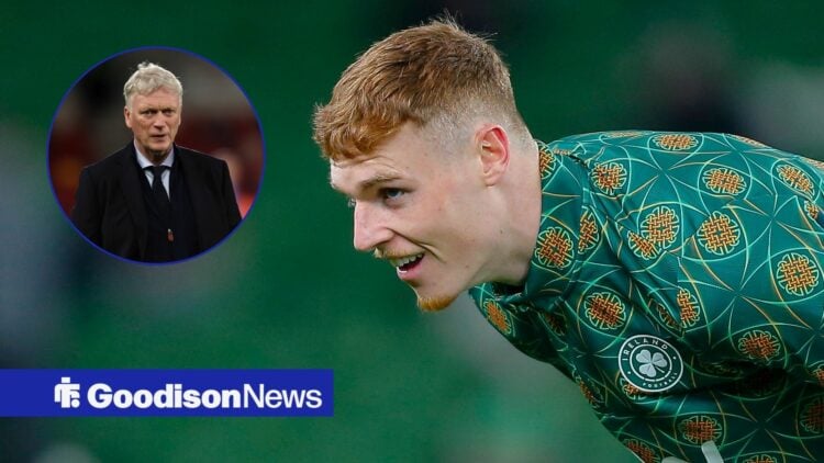 Jake O'Brien in action for Ireland as David Moyes looks on