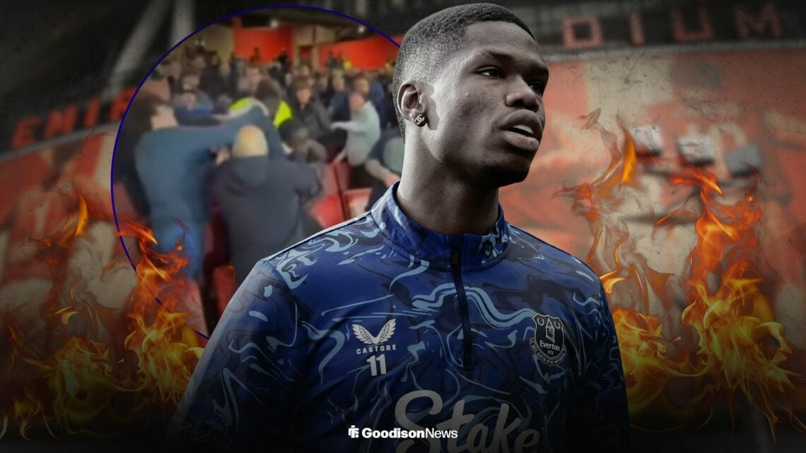 Thierno Barry in Everton training gear alongside a circle inset of Everton fans fighting in the stands at the Emirates Stadium