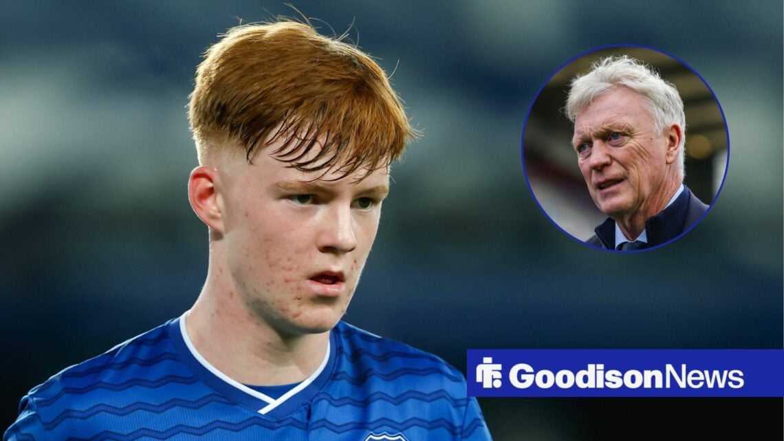 Everton youngster Braiden Graham in action during a youth game, alongside a circular inset of David Moyes on the touchline (top right)