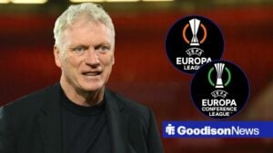 David Moyes smiling looking towards circle insets of the Europa League and Conference League