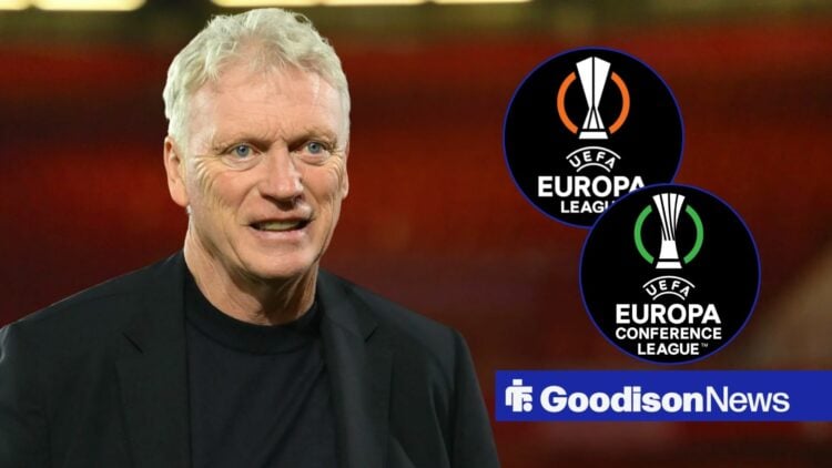 David Moyes smiling looking towards circle insets of the Europa League and Conference League