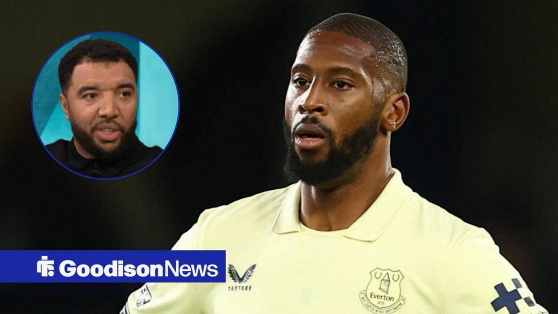 Everton striker Beto looks dejected during a match, alongside a circular inset of Troy Deeney speaking on Match of the Day 2 (top left)