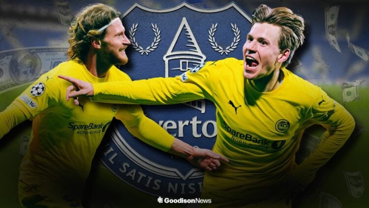 Kasper Hogh and Jens Petter Hauge celebrating for Bodo/Glimt infront of the Everton badge