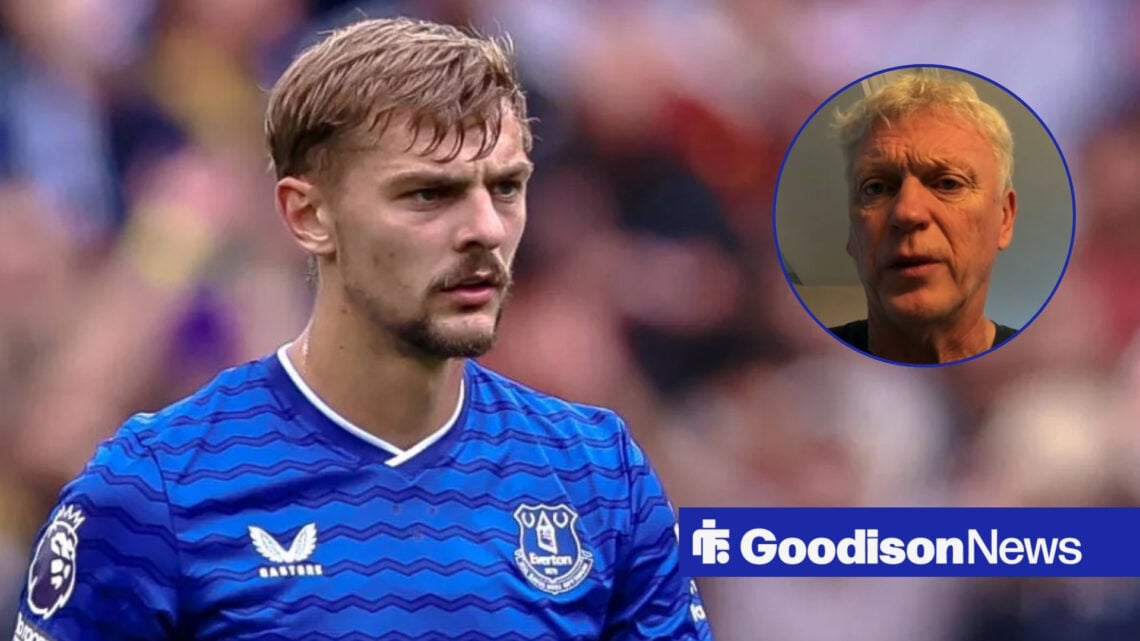 Kiernan Dewsbury-Hall playing for Everton looking towards David Moyes speaking on talkSPORT
