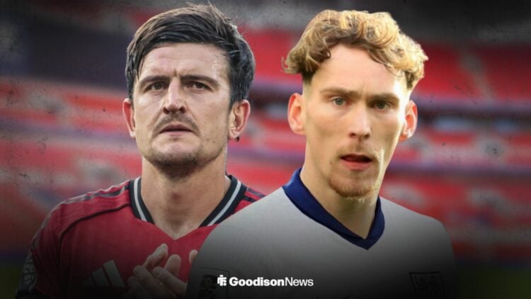 Harry Maguire playing for Manchester United looking towards James Garner in an England shirt