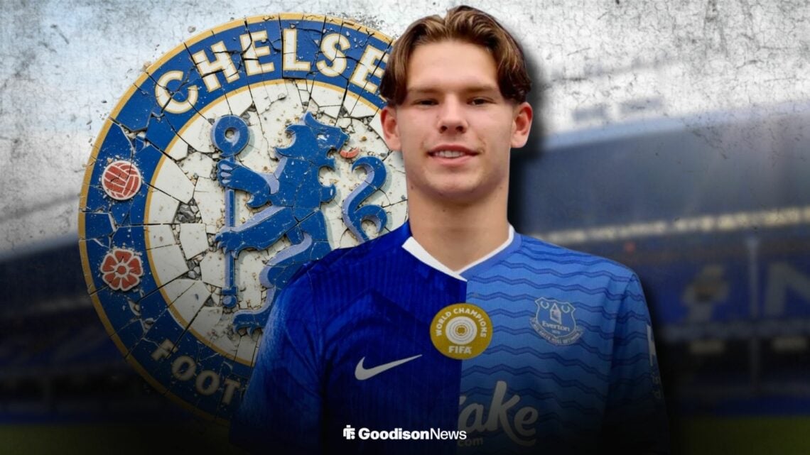 Tyler Dibling in a half Everton and Chelsea shirt